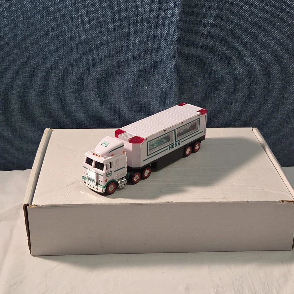 2021 Hess Mini Toy Truck Semi Hauler with Race Car White & Green Collectible